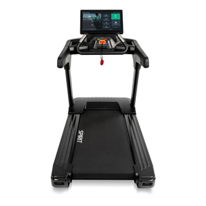 Straight-on front view of the Spirit Fitness CT1000ENT Treadmill showing its console, handrails, and running belt.