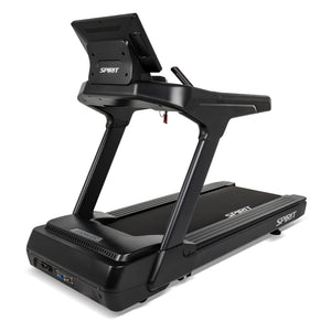 Rear three-quarter view of the Spirit Fitness CT1000ENT Treadmill showing the back of the console mount and base power connections.