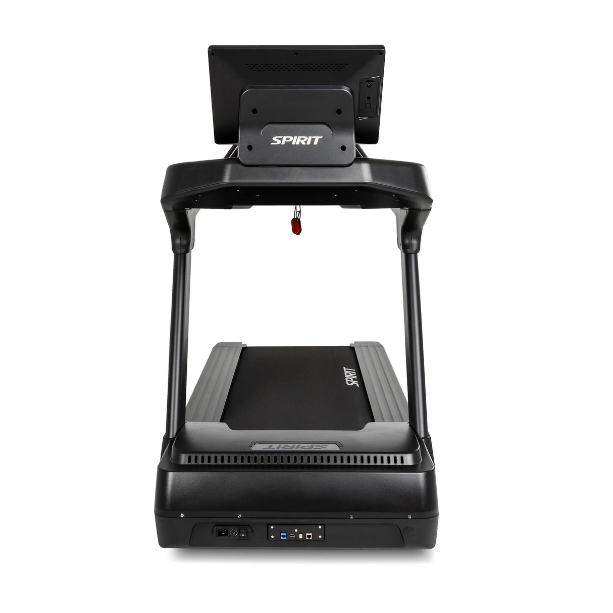 Rear view of the Spirit Fitness CT1000ENT Treadmill showing the back of the console, frame uprights, and power inlet at the base.