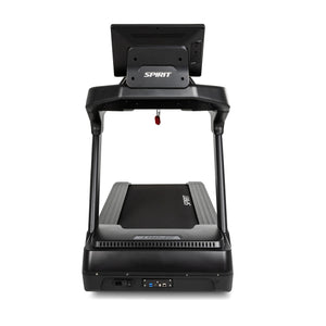 Rear view of the Spirit Fitness CT1000ENT Treadmill showing the back of the console, frame uprights, and power inlet at the base.