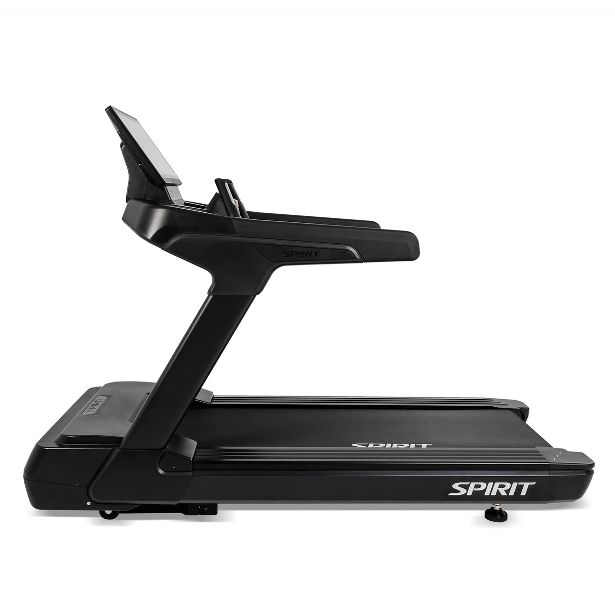 Opposite side profile of the Spirit Fitness CT1000ENT Treadmill on a white background.
