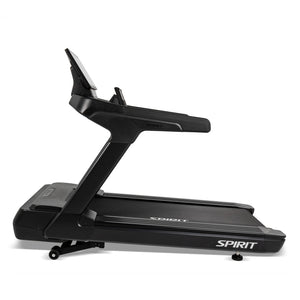 Side view of the Spirit Fitness CT1000ENT Treadmill showing the folding hinge and transport wheel at the base.