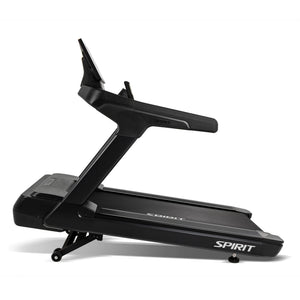 Side profile of the Spirit Fitness CT1000ENT Treadmill with its stabilizer foot and folding latch visible at the base.