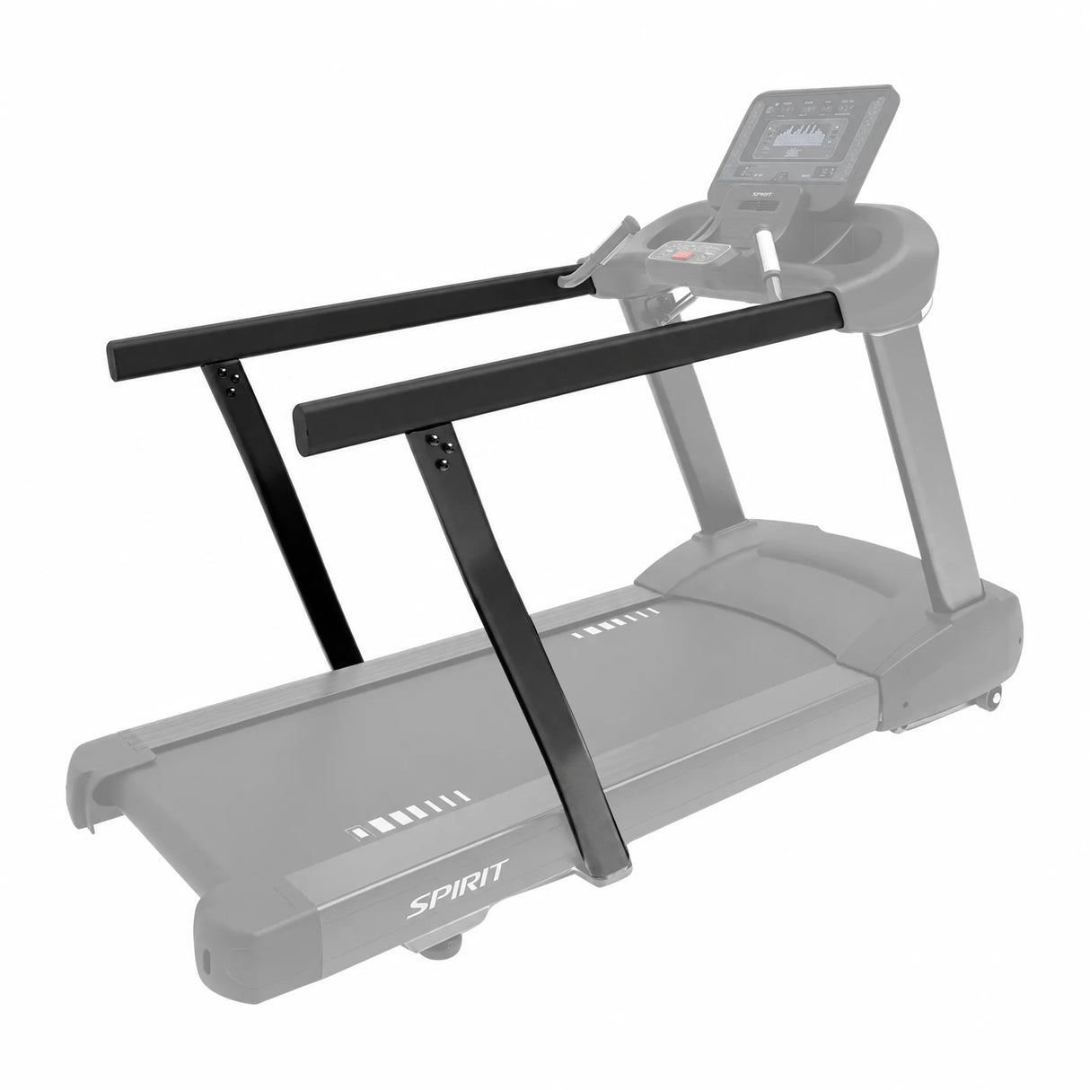 The Spirit Fitness CT800/CT850 Extended Handrails accessory shown installed on a treadmill, with the rest of the unit grayed out for reference.