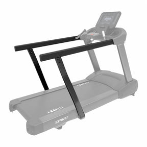 The Spirit Fitness CT800/CT850 Extended Handrails accessory shown installed on a treadmill, with the rest of the unit grayed out for reference.