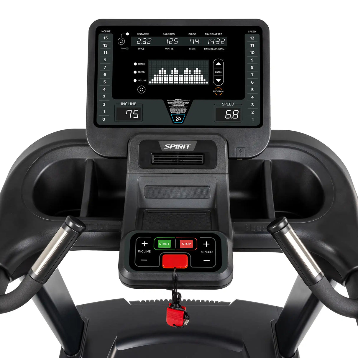 Close-up of the Spirit Fitness CT800 Treadmill control panel displays workout data—calories, distance, speed, and incline. Below are cup holders, handlebars, and buttons for start, stop, incline, and speed. Brand: Spirit Fitness.