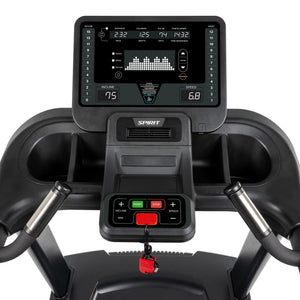 Close-up of the Spirit Fitness CT800 Treadmill control panel displays workout data—calories, distance, speed, and incline. Below are cup holders, handlebars, and buttons for start, stop, incline, and speed. Brand: Spirit Fitness.