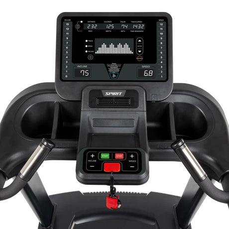 Close-up of the Spirit Fitness CT800 Treadmill control panel displays workout data—calories, distance, speed, and incline. Below are cup holders, handlebars, and buttons for start, stop, incline, and speed. Brand: Spirit Fitness.