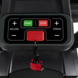 Close-up of the Spirit Fitness CT800 Treadmill control panel featuring incline and speed buttons, a green START button, red STOP button, and a red safety key cord. Brand: Spirit Fitness.