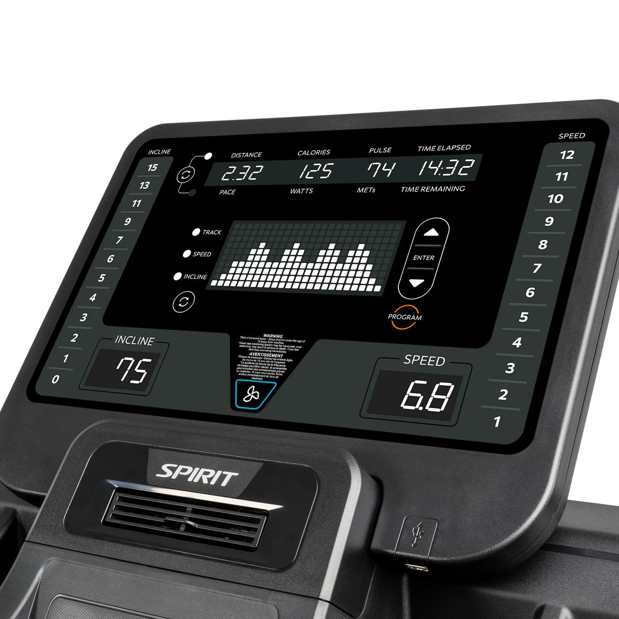 Close-up of the Spirit Fitness CT800 Treadmill control panel showing incline, calories, pulse, time, METs, speed, and a digital track with progress. The Spirit Fitness logo is visible below the display.