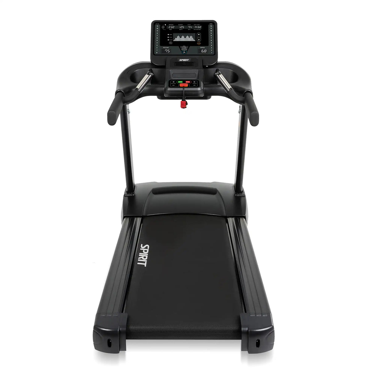 The Spirit Fitness CT800 Treadmill, shown from the front, features a black frame, digital display screen, control buttons, handrails, a safety key, and the Spirit Fitness logo visible on the running belt.