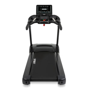 The Spirit Fitness CT800 Treadmill, shown from the front, features a black frame, digital display screen, control buttons, handrails, a safety key, and the Spirit Fitness logo visible on the running belt.