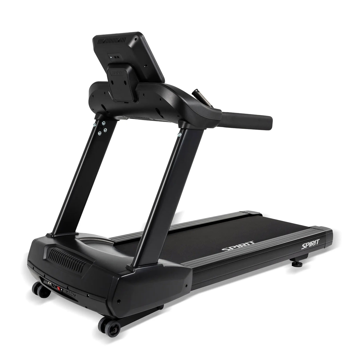 The Spirit Fitness CT800 Treadmill by Spirit Fitness features a digital display console, sturdy frame, transport wheels, and a wide running surface. "SPIRIT" is visible on the side in this black treadmill shown from a rear diagonal angle.