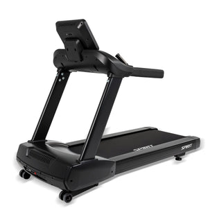 The Spirit Fitness CT800 Treadmill by Spirit Fitness features a digital display console, sturdy frame, transport wheels, and a wide running surface. "SPIRIT" is visible on the side in this black treadmill shown from a rear diagonal angle.