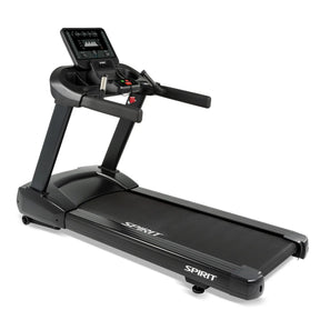 The Spirit Fitness CT800 Treadmill by Spirit Fitness features a digital console, handrails, and a sturdy running platform in black, displayed on a white background.