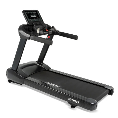 The Spirit Fitness CT800 Treadmill by Spirit Fitness features a digital console, handrails, and a sturdy running platform in black, displayed on a white background.