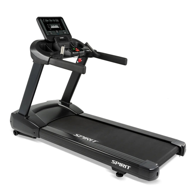 The Spirit Fitness CT800 Treadmill by Spirit Fitness features a digital console, handrails, and a sturdy running platform in black, displayed on a white background.