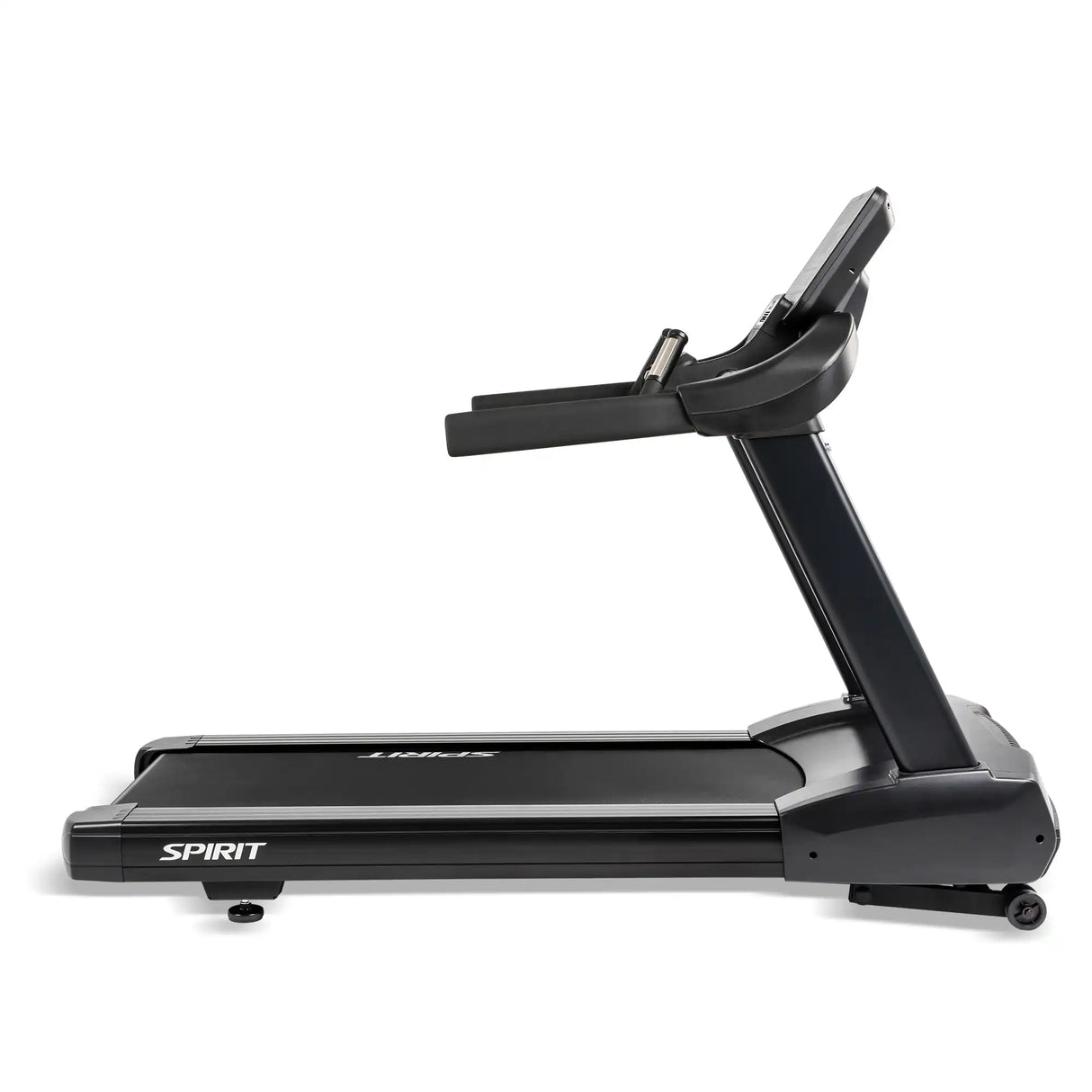 Side view of the black Spirit Fitness CT800 Treadmill featuring an elevated control panel, handrails, and a wide running deck by Spirit Fitness on a white background.
