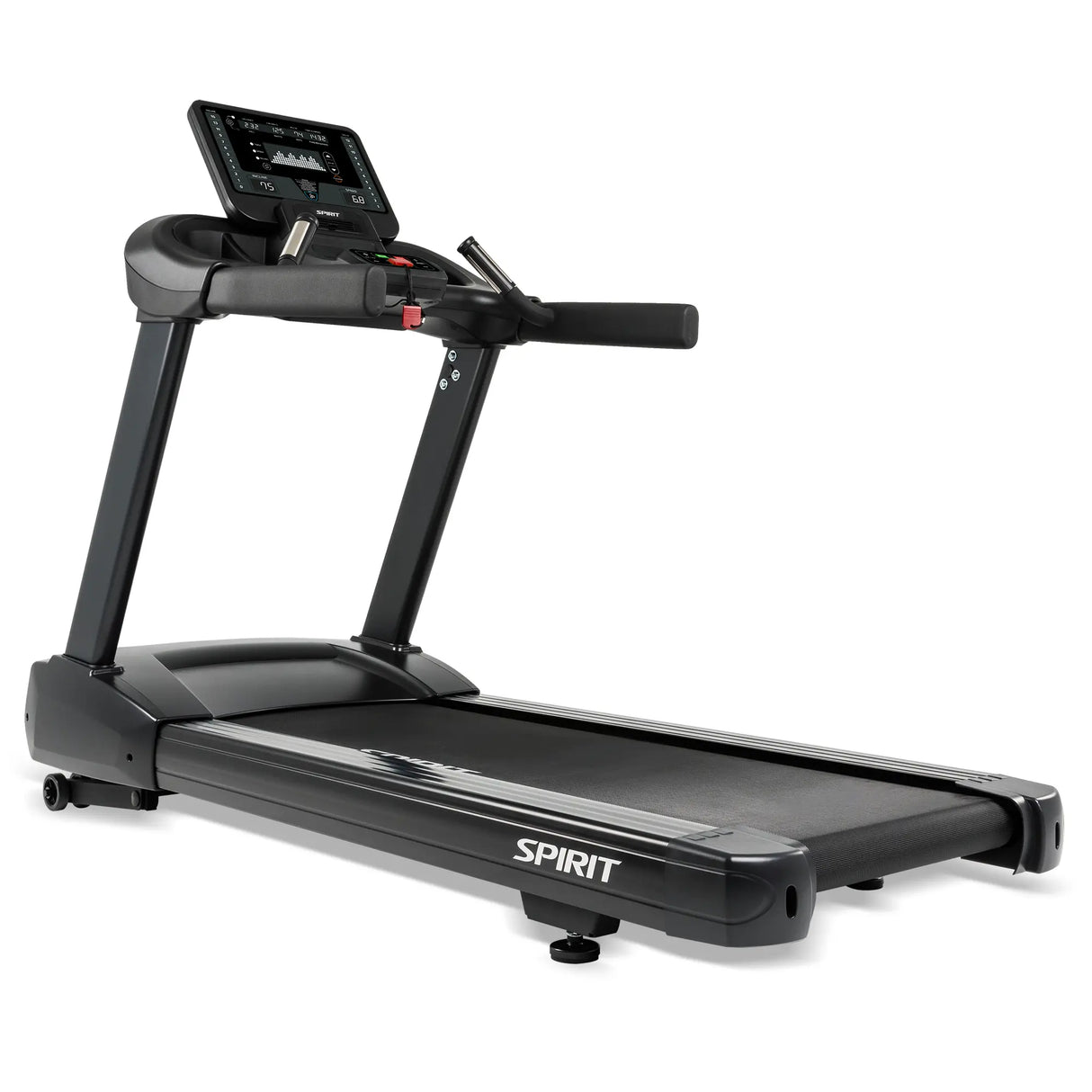 The Spirit Fitness CT800 Treadmill by Spirit Fitness features a digital display, handrails, and a wide running belt, displayed at an angle on a white background.