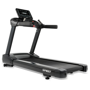 The Spirit Fitness CT800 Treadmill by Spirit Fitness features a digital display, handrails, and a wide running belt, displayed at an angle on a white background.