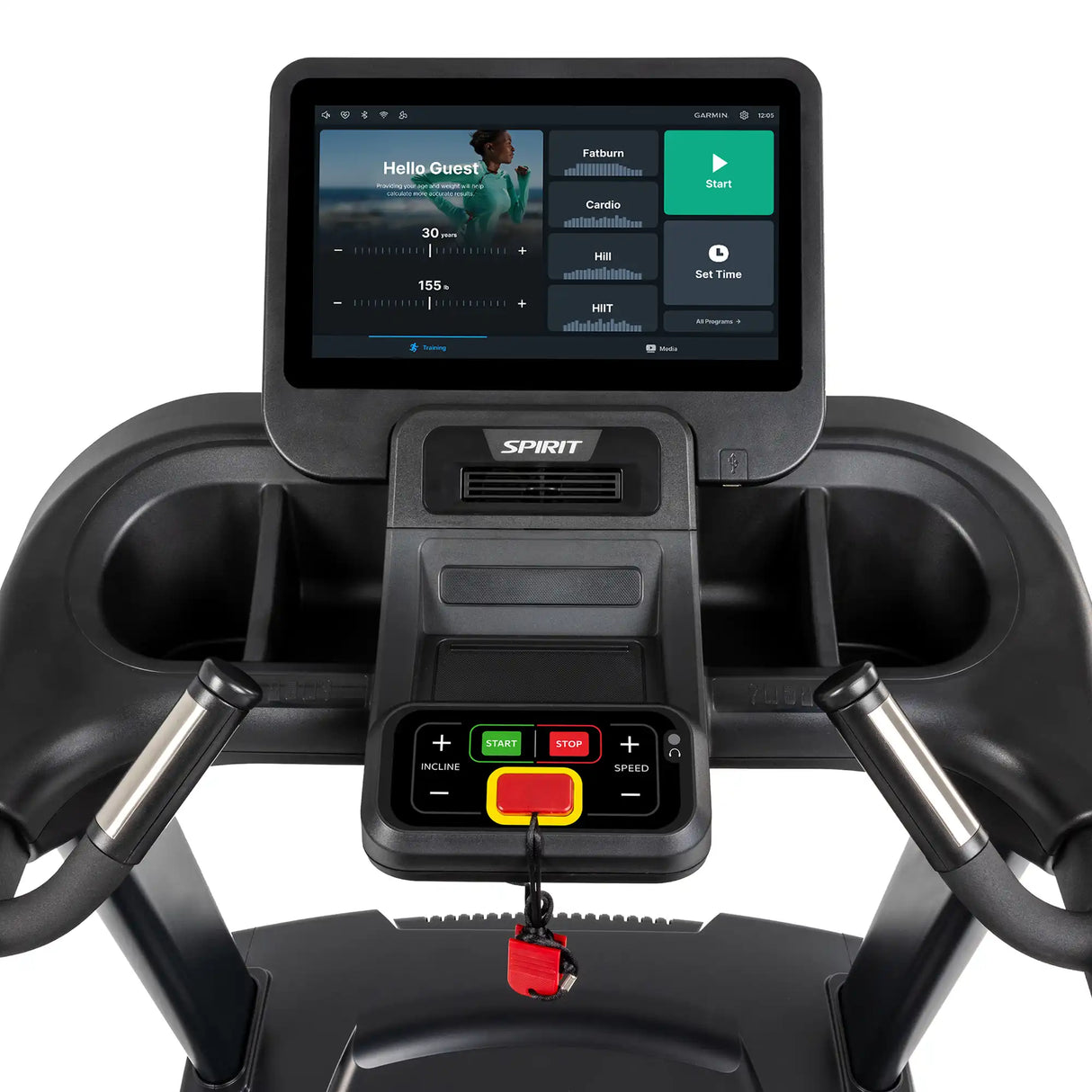 Close-up of the Spirit Fitness CT800ENT Treadmill control panel, featuring a large screen with workout stats and options, plus physical controls for start, stop, incline, and speed below the display. Brand: Spirit Fitness.