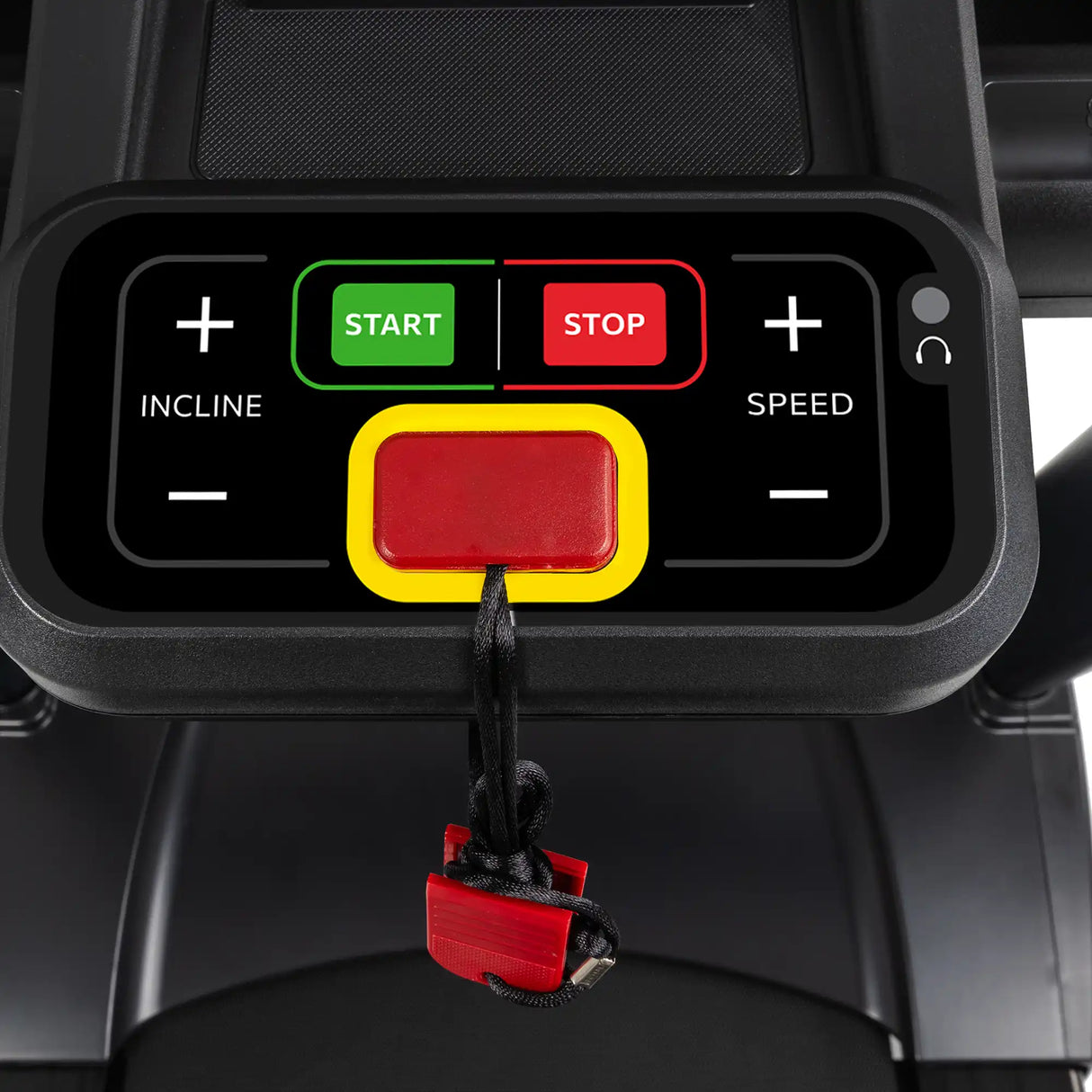 Close-up of the Spirit Fitness CT800ENT Treadmill control panel by Spirit Fitness, featuring incline and speed buttons, a green Start button, a red Stop button, and a large red emergency safety key with an attached clip.