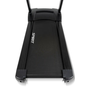 Overhead view of the Spirit Fitness CT800ENT Treadmill in black, featuring a wide running belt, side rails, and handlebar uprights, set against a white background.