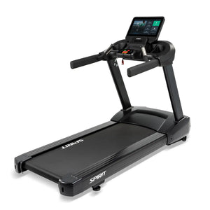 The Spirit Fitness CT800ENT Treadmill by Spirit Fitness features a wide running belt, side rails, and a console with display screen and control buttons, all shown in black on a white background.