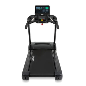 The Spirit Fitness CT800ENT Treadmill by Spirit Fitness is shown from the front, featuring a digital display, control buttons, cup holders, safety key, and "SPIRIT" printed on the running belt.