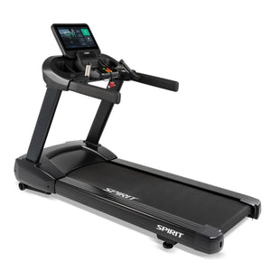 The Spirit Fitness CT800ENT Treadmill by Spirit Fitness features a large touchscreen display console, ergonomic handlebars, and a wide running belt, shown here on a white background.