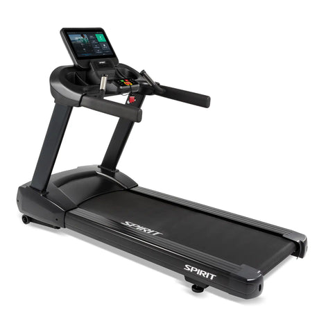 The Spirit Fitness CT800ENT Treadmill by Spirit Fitness features a large touchscreen display console, ergonomic handlebars, and a wide running belt, shown here on a white background.