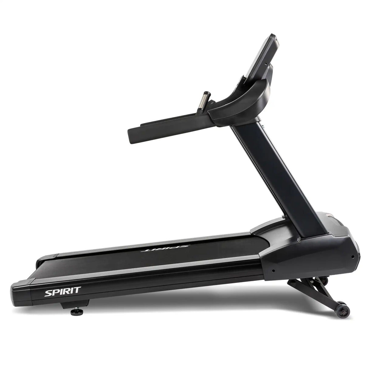 The Spirit Fitness CT800ENT Treadmill by Spirit Fitness features a wide running belt, ergonomic handlebars, and a console display, shown from the side against a white background.