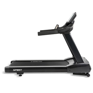 A side view of the Spirit Fitness CT800ENT Treadmill by Spirit Fitness, featuring a black sturdy frame and digital display panel, designed for indoor running or walking workouts.