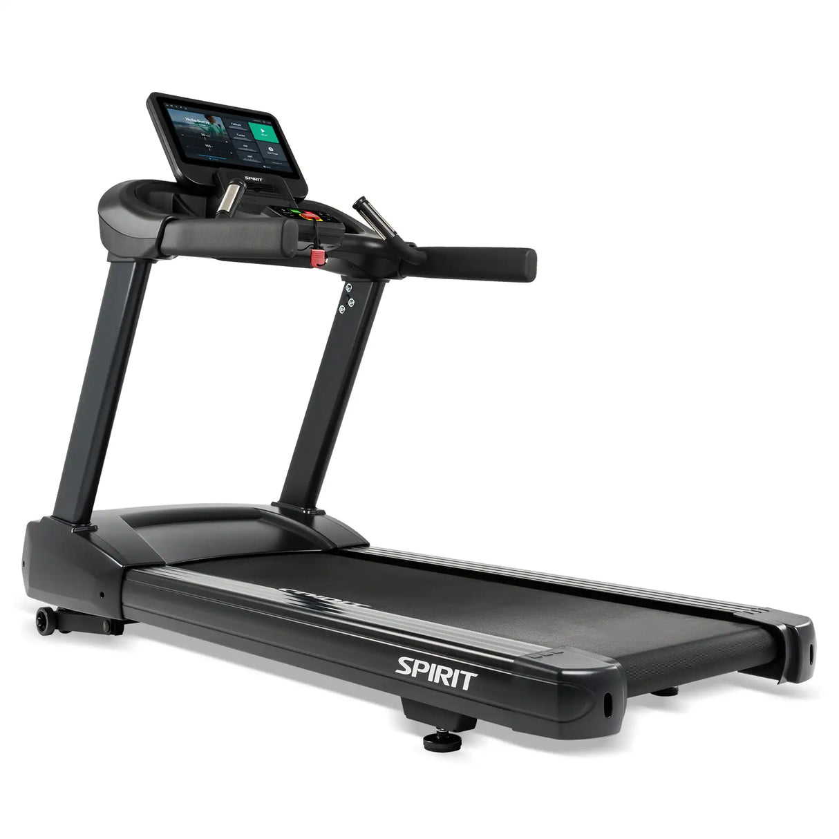 The Spirit Fitness CT800ENT Treadmill by Spirit Fitness features a digital display, control buttons, and sturdy handrails, shown in black against a white background.