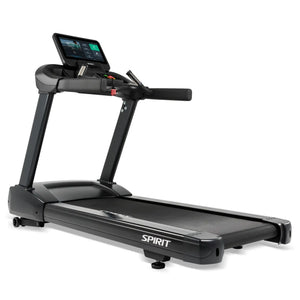 The Spirit Fitness CT800ENT Treadmill by Spirit Fitness features a digital display, control buttons, and sturdy handrails, shown in black against a white background.