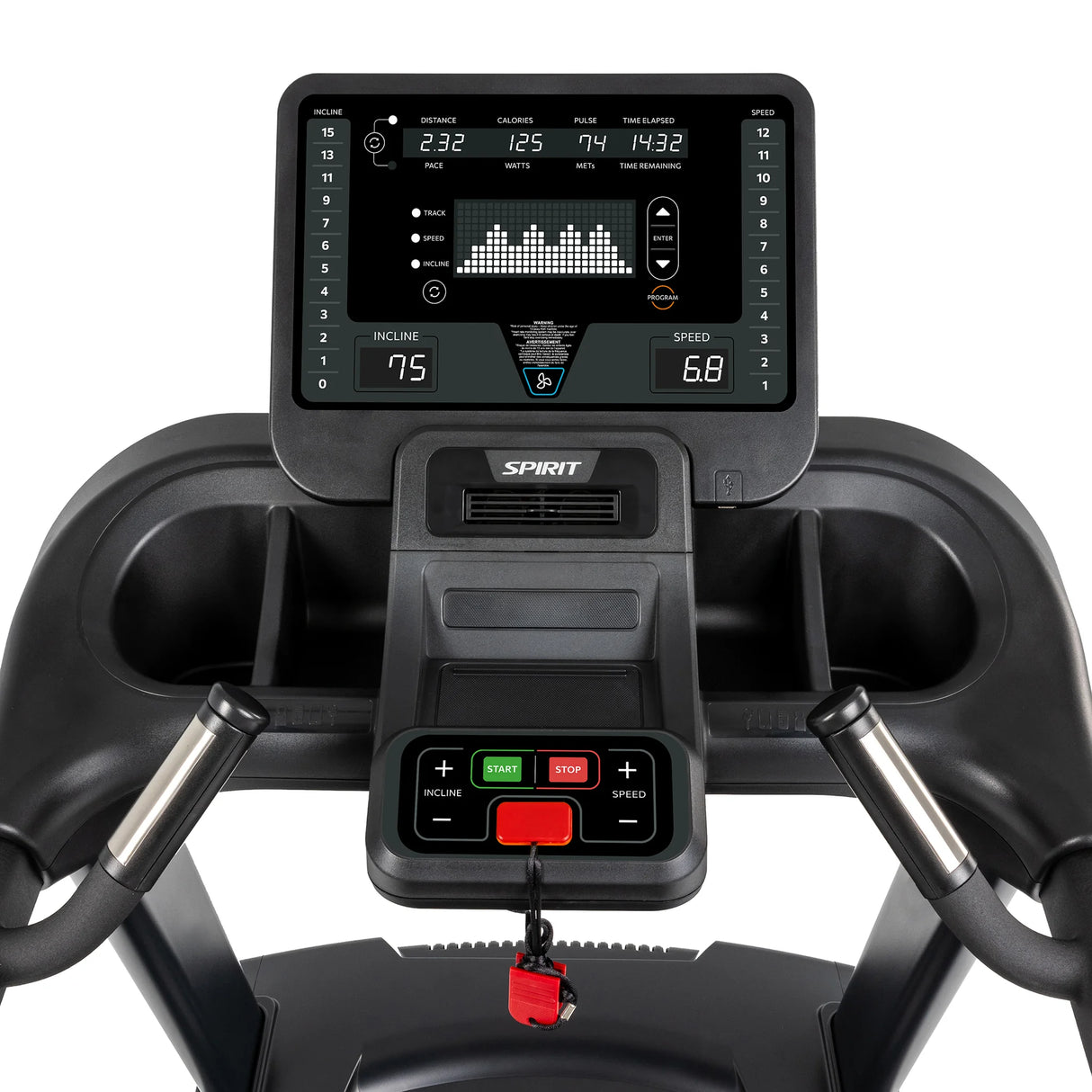 Close-up of the Spirit Fitness CT850 Treadmill control panel by Spirit Fitness, showing workout stats (time, distance, speed, incline, pulse), start/stop buttons, cup holders, and a safety key with a red cord.
