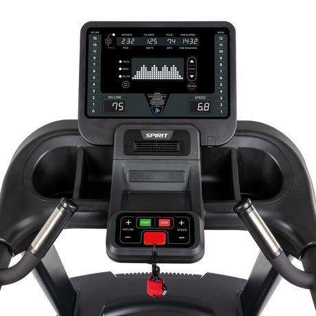Close-up of the Spirit Fitness CT850 Treadmill control panel by Spirit Fitness, showing workout stats (time, distance, speed, incline, pulse), start/stop buttons, cup holders, and a safety key with a red cord.