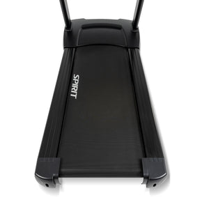 A close-up of the Spirit Fitness CT850 Treadmill deck features the Spirit Fitness logo on its black running surface, with two handrails visible at the top.