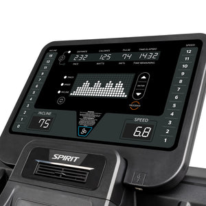 Close-up of the Spirit Fitness CT850 Treadmill console by Spirit Fitness, showing workout stats like incline, speed, calories, pulse, watts, METs, elapsed and remaining time. Buttons and a digital display with program options are visible.