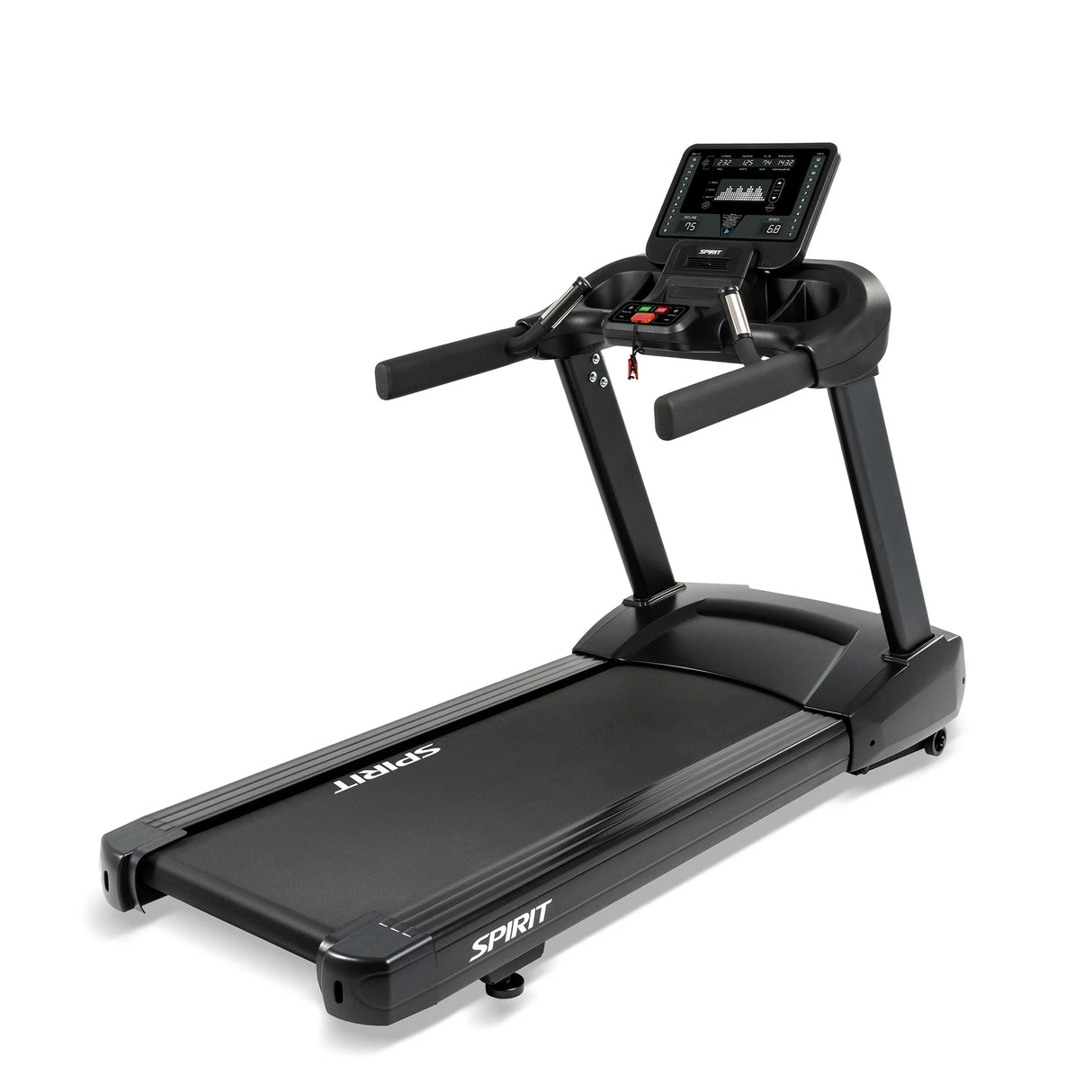 The Spirit Fitness CT850 Treadmill by Spirit Fitness features a digital display, control buttons, handrails, a spacious running belt, and a sturdy frame—ideal for both home and gym use.