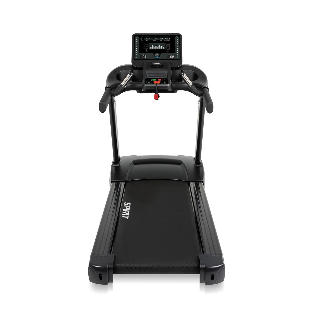 The Spirit Fitness CT850 Treadmill by Spirit Fitness features a black design, digital display, control buttons, safety key, side handles, wide running belt, and "SPIRIT" printed on the running surface.