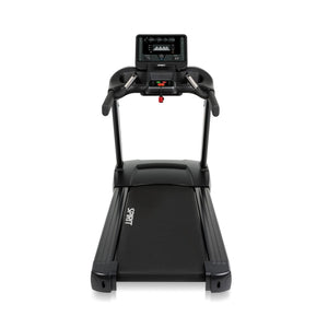 The Spirit Fitness CT850 Treadmill by Spirit Fitness features a black design, digital display, control buttons, safety key, side handles, wide running belt, and "SPIRIT" printed on the running surface.