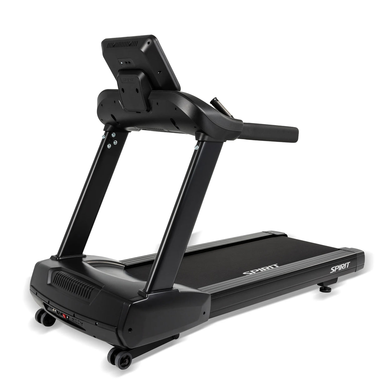 The Spirit Fitness CT850 Treadmill, featuring a large touchscreen console, ergonomic handlebars, wide running belt, and transport wheels, is displayed at an angle on a white background.