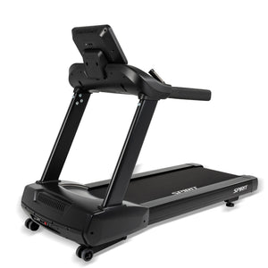The Spirit Fitness CT850 Treadmill, featuring a large touchscreen console, ergonomic handlebars, wide running belt, and transport wheels, is displayed at an angle on a white background.