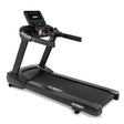 A Spirit Fitness CT850 Treadmill in black, featuring a digital display, handrails, and control buttons, is shown on a white background. The running belt and Spirit Fitness branding are visible on the base.