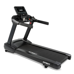 A Spirit Fitness CT850 Treadmill in black, featuring a digital display, handrails, and control buttons, is shown on a white background. The running belt and Spirit Fitness branding are visible on the base.