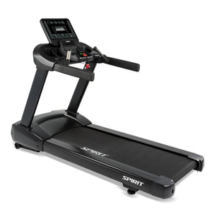A Spirit Fitness CT850 Treadmill in black, featuring a digital display, handrails, and control buttons, is shown on a white background. The running belt and Spirit Fitness branding are visible on the base.