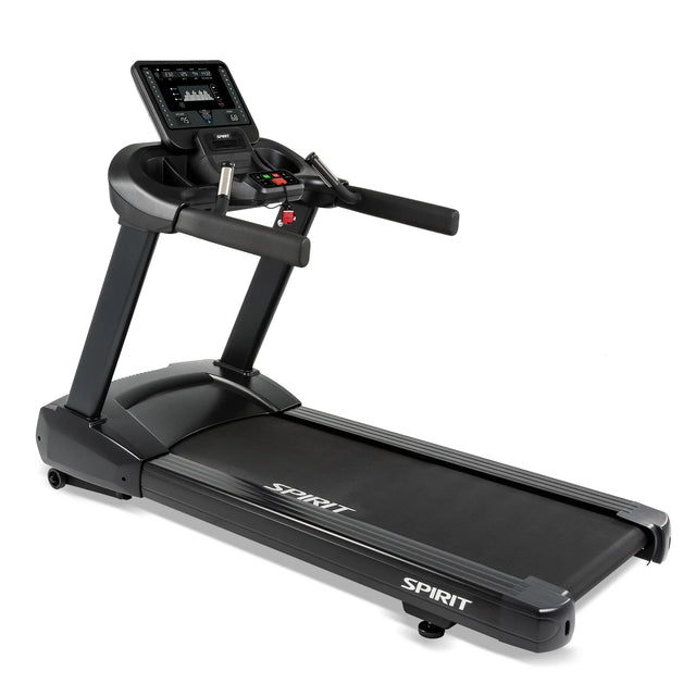 A Spirit Fitness CT850 Treadmill in black, featuring a digital display, handrails, and control buttons, is shown on a white background. The running belt and Spirit Fitness branding are visible on the base.