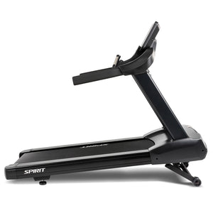 Side view of the Spirit Fitness CT850 Treadmill by Spirit Fitness, featuring a digital display, safety handles, and wheels for easy portability, shown against a white background.