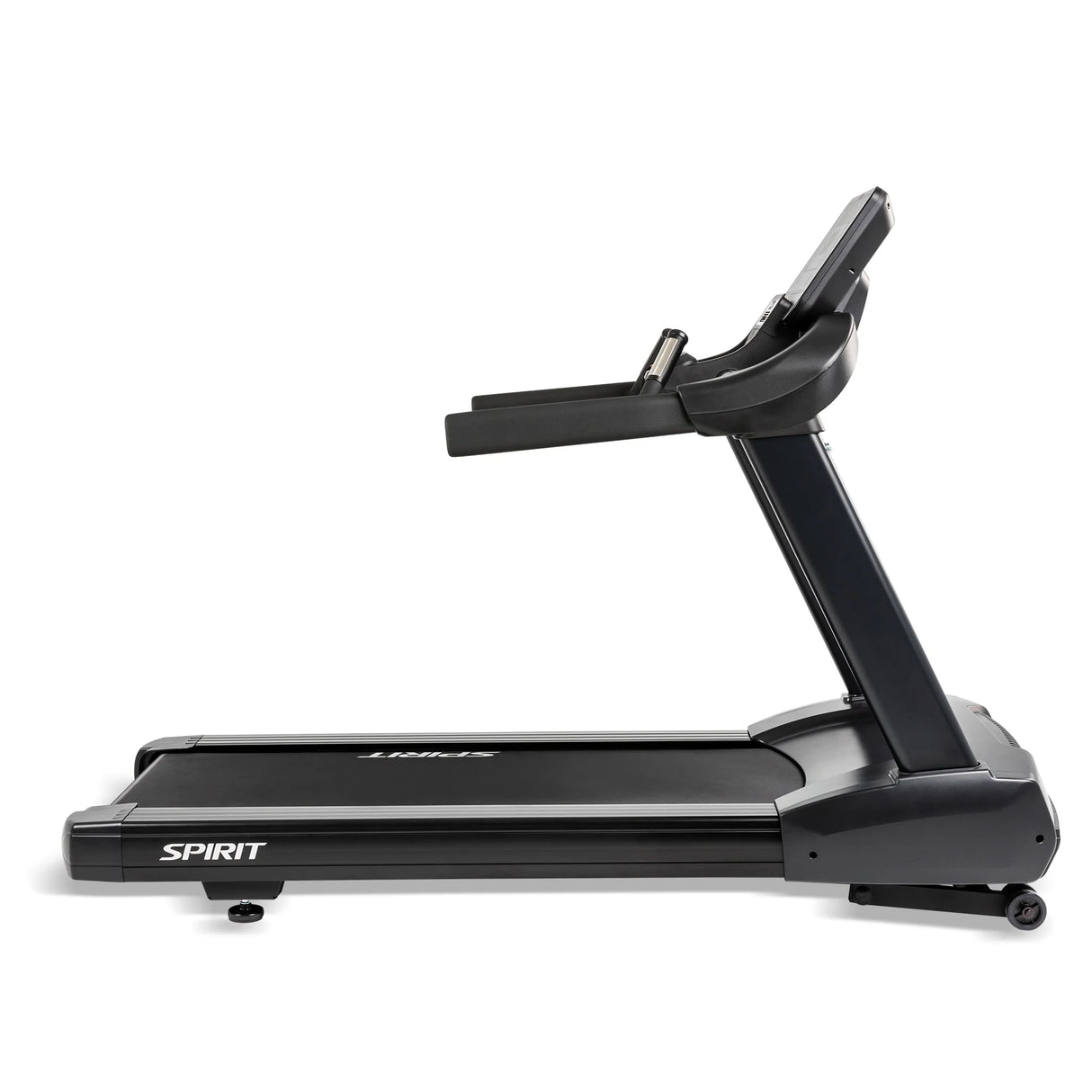 A side view of the Spirit Fitness CT850 Treadmill, featuring a digital console, sturdy handrails, and a wide running belt by Spirit Fitness, set against a plain white background.